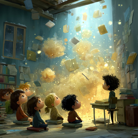 Children reading a book in the room with flying books around them illustrationの素材