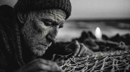 Handsome old man with long beard and mustache in knitted hat and black coat sitting on fishing net on seashore with burning candleの素材