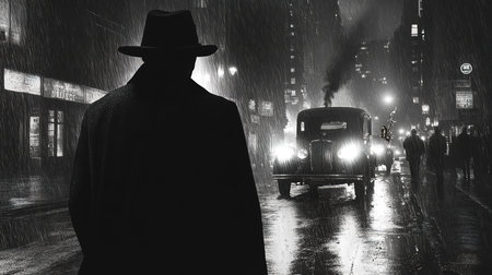 Silhouette of a man in a raincoat and a hat on the street at nightの素材