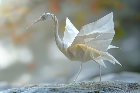 Paper bird origami on the rock with blurred background, 3d illustrationの素材