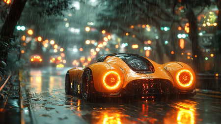 Futuristic car in the rain at night. 3d rendering.の素材