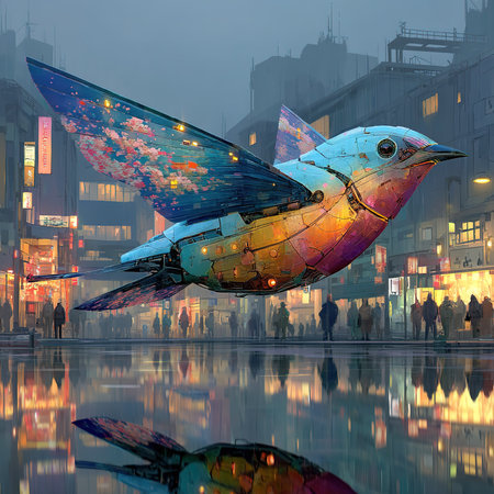 3D rendering of a colorful bird flying over a city street at nightの素材