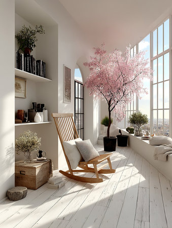 3d render of modern interior design. Living room with wooden rocking chairの素材