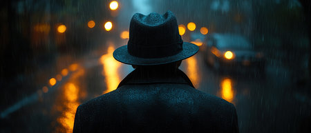 A man in a hat and a coat walks through the rain.の素材