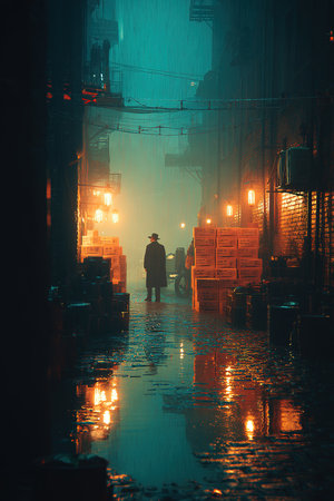 Foggy street in the city at night, vintage style.の素材
