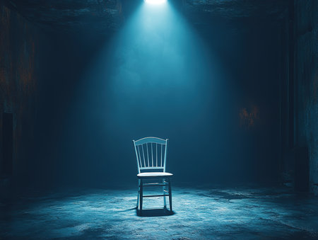 A chair in a dark room lit by a spotlight. 3d renderingの素材