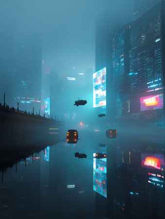 Foggy city at night as abstract background, 3D renderingの素材