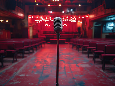 Retro microphone on stage in a night club or conference room.の素材