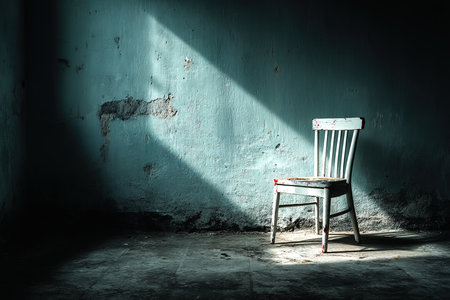 old chair in grunge room with light and shadow on the wallの素材