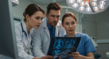 Team of doctors looking at x-ray image while sitting in the operating roomの素材