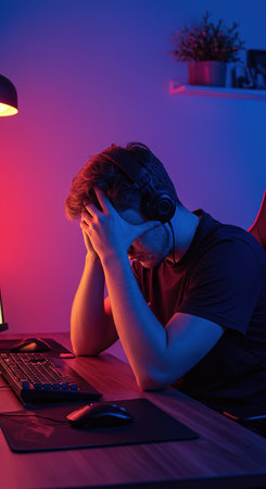 teenage boy playing video games with headset and computer in neon lightの素材