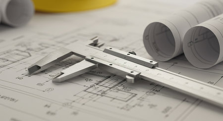 Vernier caliper on blueprints. Close-up.の素材