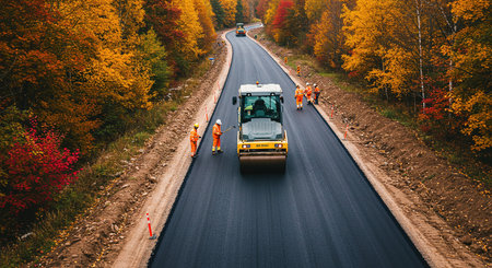 Asphalt road construction site in autumn forest. Road construction workers with heavy machinery working on the road.の素材