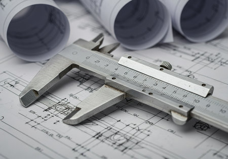 vernier caliper and rolls of technical drawings on a construction drawingの素材