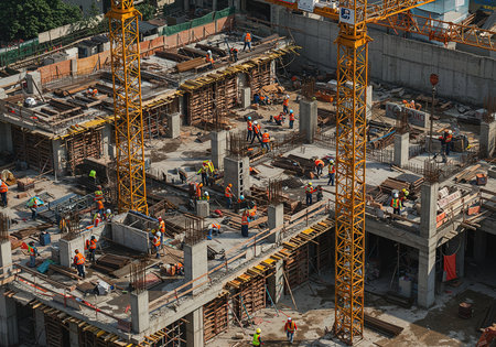 High angle view of a construction site with cranes and workers workingの素材