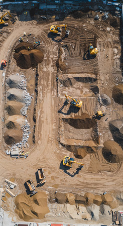Aerial view on the construction site with excavators and trucks.の素材