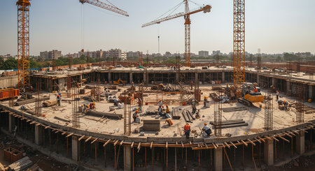 Construction site with cranes and workers at a building site in Indiaの素材