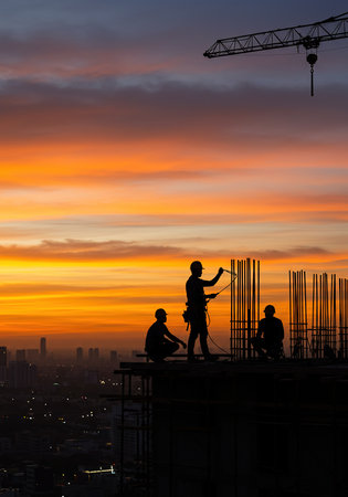 Silhouette of workers on the construction site at sunset background.の素材