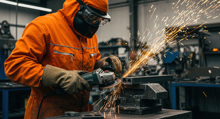 Industrial worker cutting metal with angle grinder. Sparks while grinding ironの素材