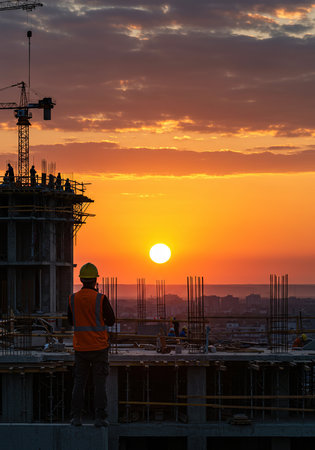 construction worker on a building site with a sunset in the backgroundの素材