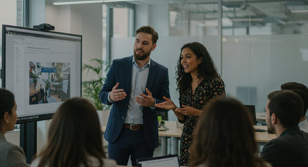Group of business people discussing the charts and graphs showing the results of their successful teamworkの素材