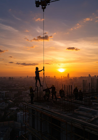 Construction workers are working on the construction site at sunset, Bangkok, Thailand.の素材