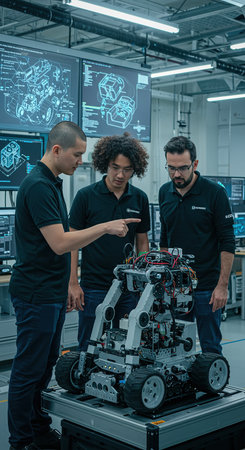 Group of young engineers working together on a robotic machine in a modern factoryの素材