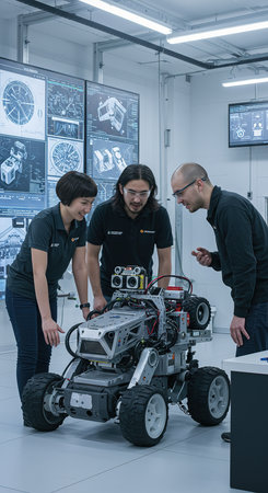 Moscow International Automobile Salon. Designers work with artificial intelligence robot in the exhibition hallの素材
