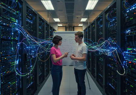 Programmers working together in a large data center. Man and woman working together on a server.の素材