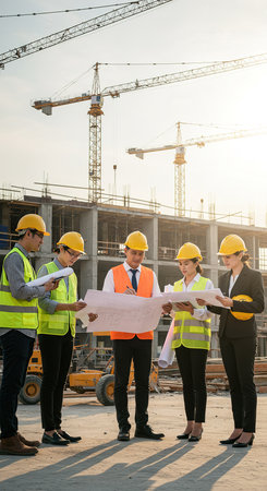 Team of engineers and architects working on construction site with building under constructionの素材