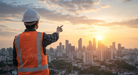 Engineer or architect pointing with forefinger at construction site with sunset sky backgroundの素材