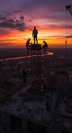 Construction workers on the construction site at sunset, Moscow, Russia.の素材