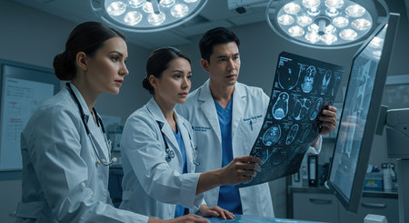 Doctors looking at x-ray image of lungs in the operating roomの素材