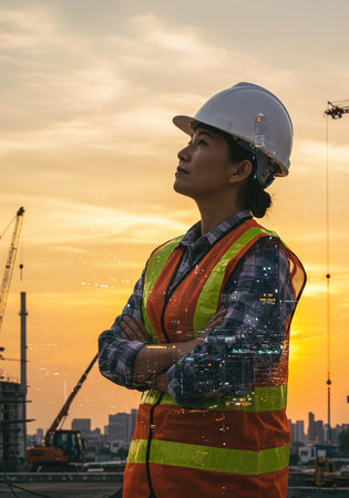 Engineer or architect working on construction site at sunset or sunrise timeの素材