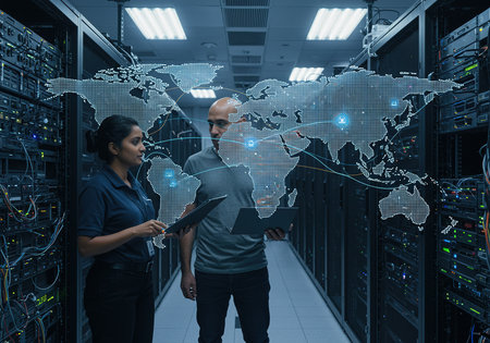 Programmers in data center room working with new modern computer and digital interfaceの素材