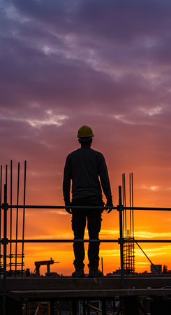 Silhouette of a worker on the construction site at sunset.の素材