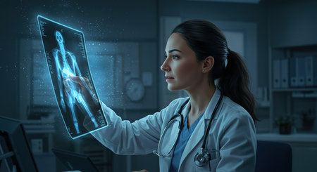 Young woman doctor in white coat working with modern computer and tablet in dark room 3D renderingの素材