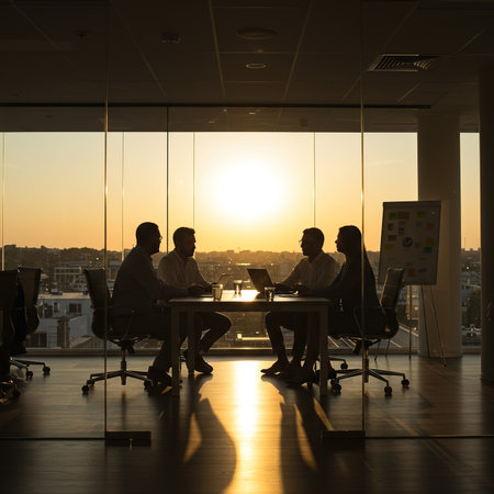 Silhouette of business people working together in the office at sunsetの素材