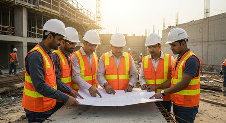 Group of engineers and architects discussing on blueprint at construction site. Engineering concept.の素材
