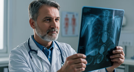 Portrait of mature doctor looking at x-ray image in clinicの素材