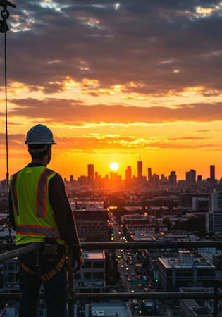 Silhouette of a construction worker on the background of the city.の素材