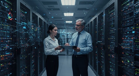 Serious businessman and businesswoman using tablet in server room 3D renderingの素材