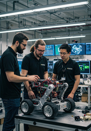 Group of engineers working on a robot in a robotics laboratory. Technology concept.の素材