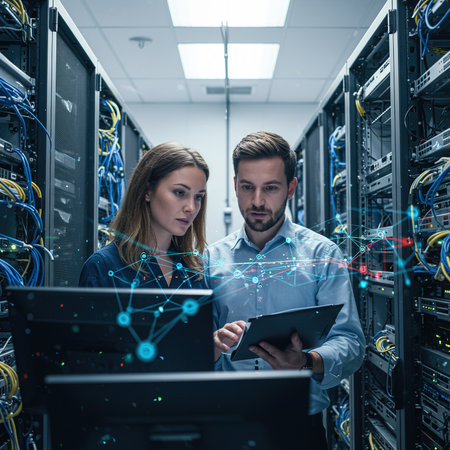 Serious technicians using digital tablet while analysing data in server roomの素材