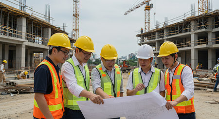 Team of engineers and architects working at construction site. Engineering concept.の素材