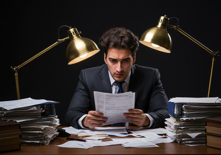 Portrait of a young businessman sitting at the desk and reading documentsの素材