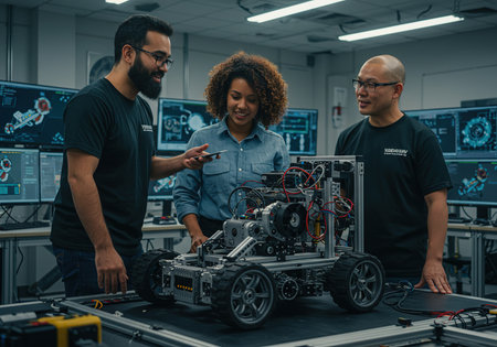 Team of engineers working together on a robot in a robotics laboratory.の素材