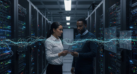 Businessman and businesswoman working together in server room. Mixed mediaの素材