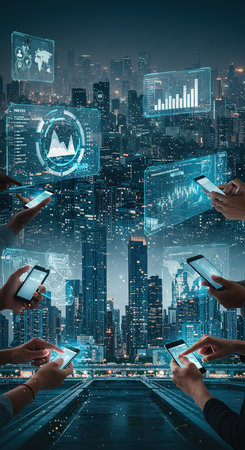 Double exposure of business people using mobile phone and digital tablet with cityscape background.の素材