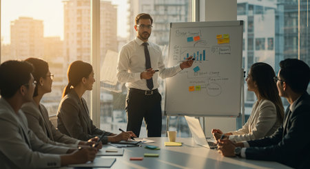 Group of business people discussing the charts and graphs showing the results of their successful teamworkの素材